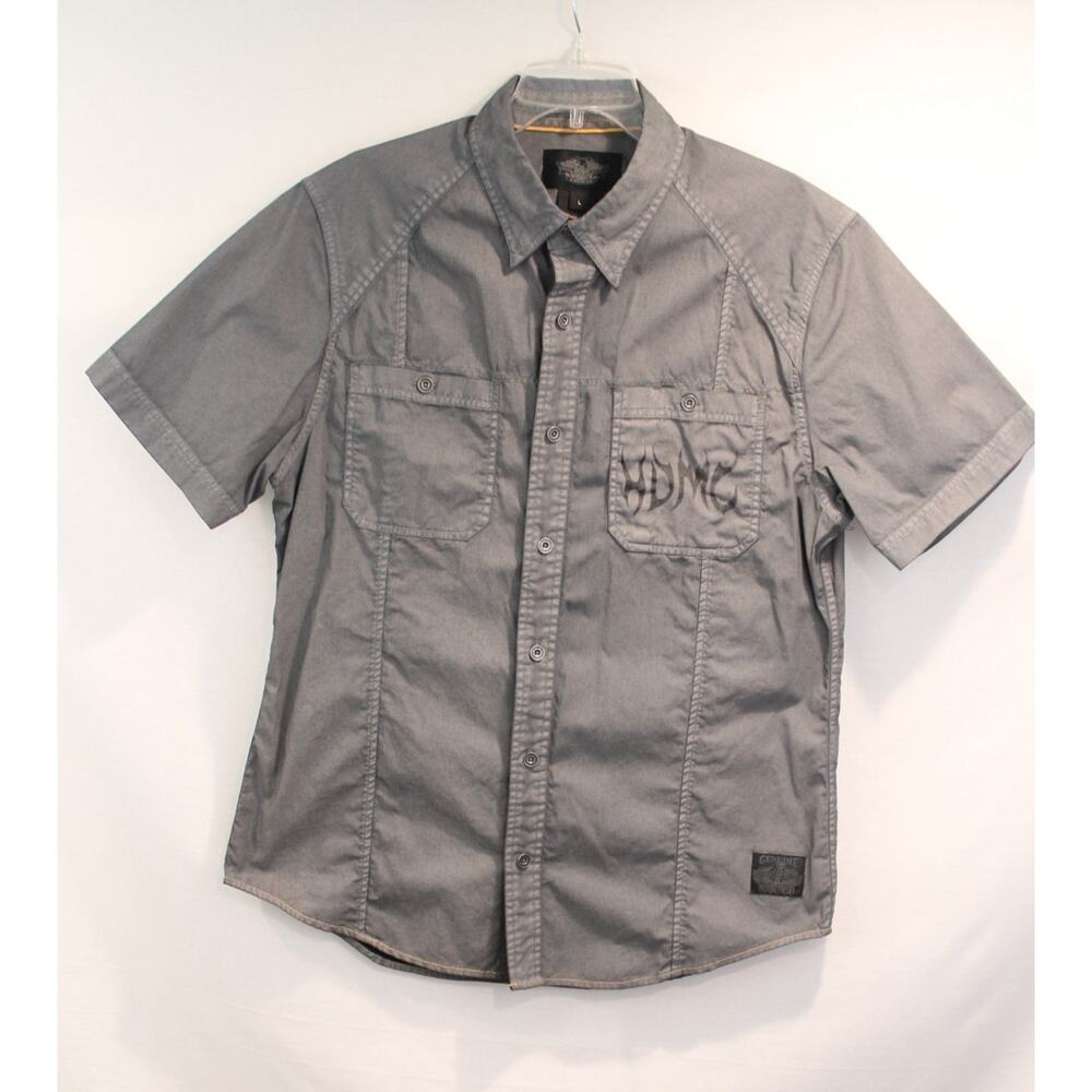 Harley Davidson Shirt Mens size L Gray Denim HDMC Graphic Print Button Up